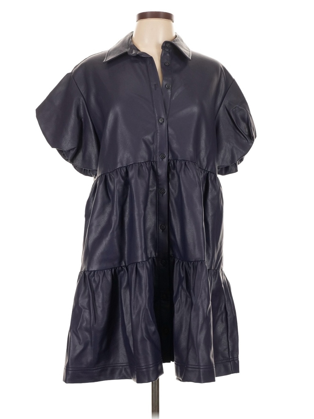 Anthropologie Maeve Navy/Purple Faux Leather Tiered Button-Up Dress Size Large